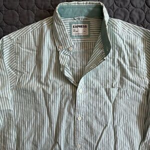 Express Men's Mint and White Striped Button Down Shirt